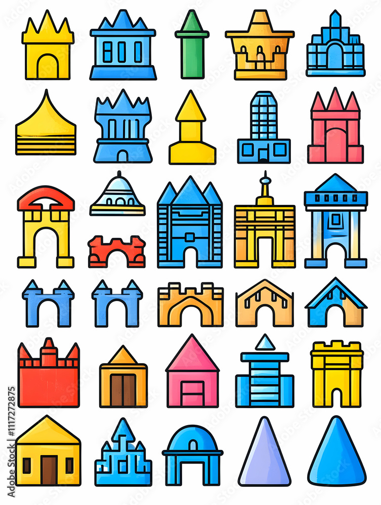 Collection of colorful castle and building icons. Collection of colorful castle and building icons.