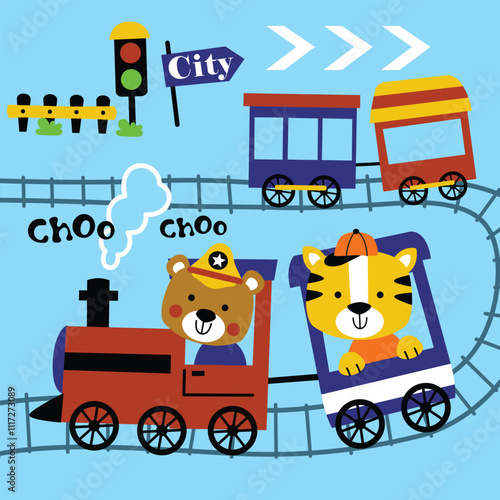Adorable Bear and Tiger Riding a Fun Train in a Colorful Cartoon Railway City Scene
