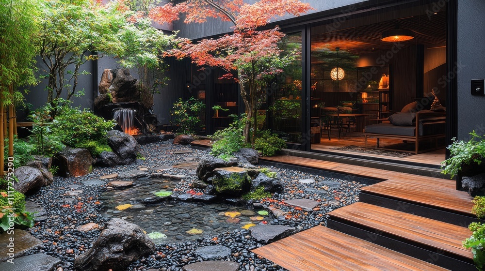 Serene Japanese-style courtyard garden with pond, waterfall, and stepping stones. Serene Japanese-style courtyard garden with pond, waterfall, and stepping stones.