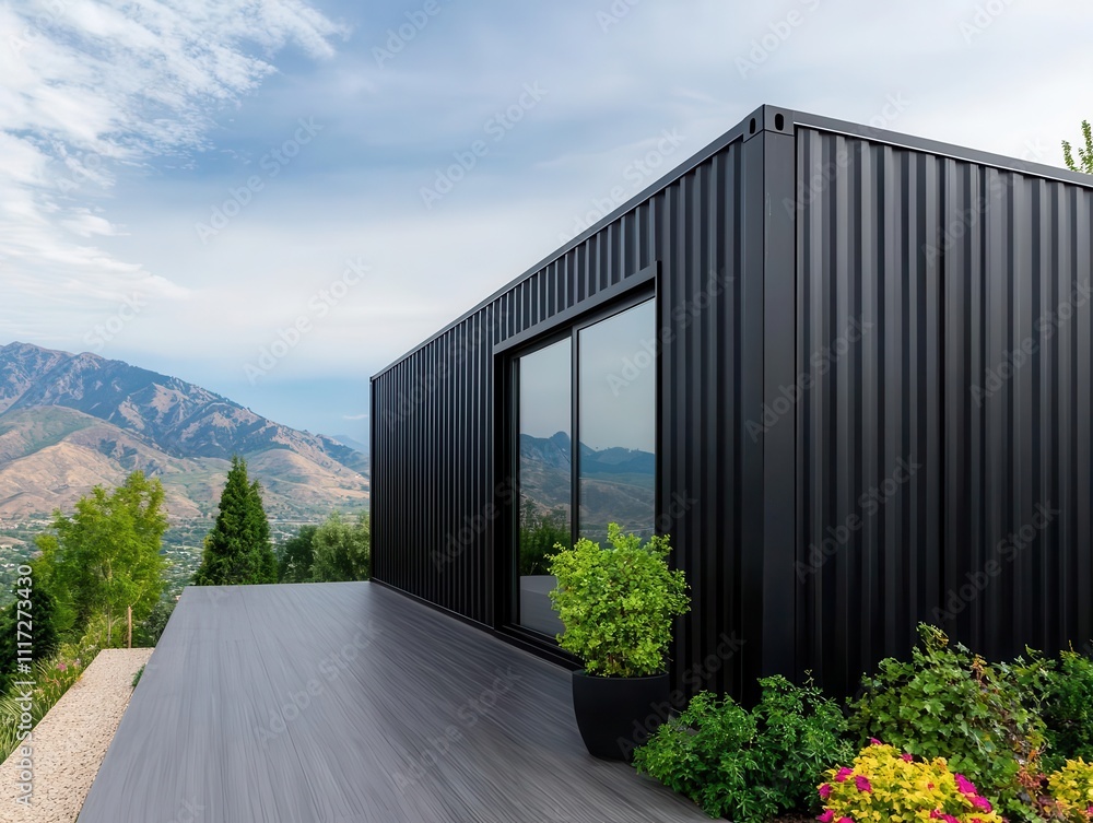Modern container dining room exterior with dark metal facade, rooftop garden, and rolling hills Modern container dining room exterior with dark metal facade, rooftop garden, and rolling hills