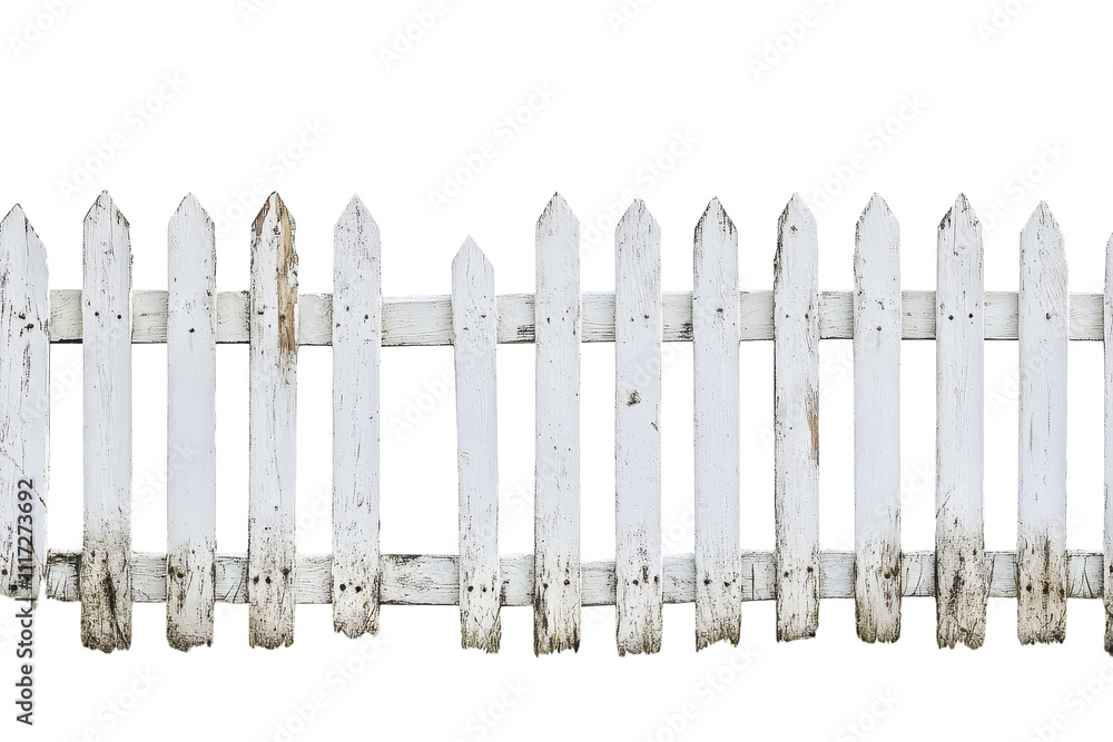 White wooden fence with weathered paint and rustic charm in a bright and open landscape White wooden fence with weathered paint and rustic charm in a bright and open landscape