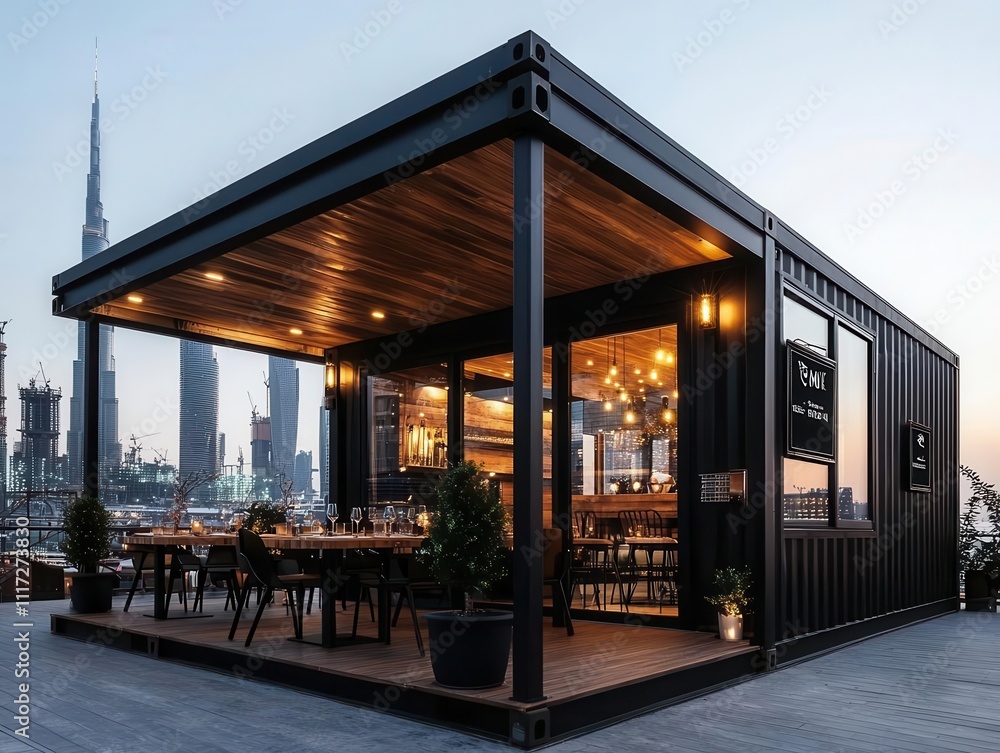 Obraz premium Contemporary container dining room exterior with black steel panels, large windows, and a forest backdrop