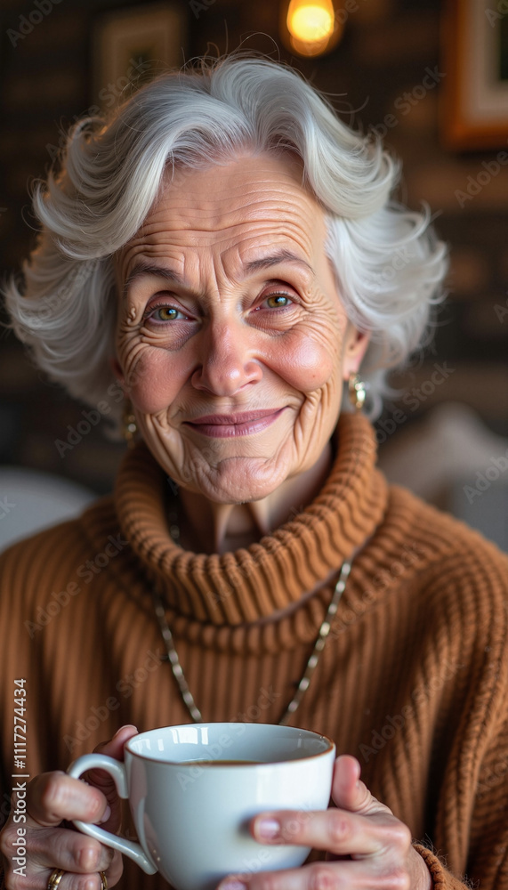Smiling elderly woman with gray hair holding a cup in a cozy café Smiling elderly woman with gray hair holding a cup in a cozy café