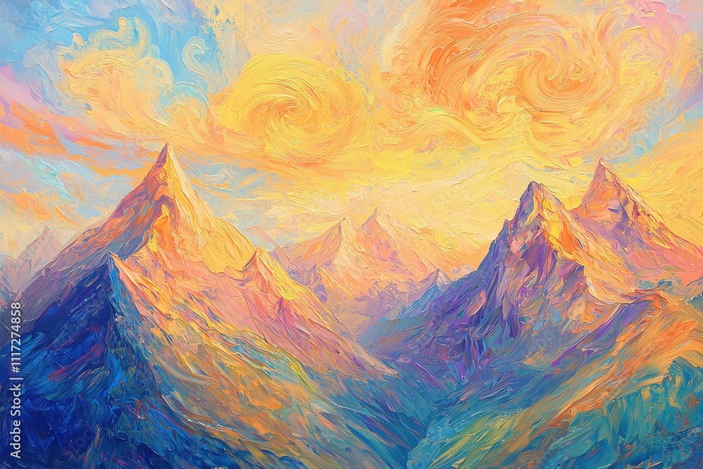 Colorful, impasto painting of mountain peaks at sunset. Colorful, impasto painting of mountain peaks at sunset.
