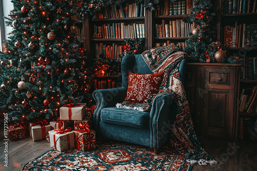 cozy Christmas library corner featuring a dec photo