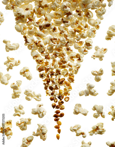 Falling Popcorn Kernels on White Background