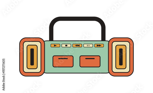 Vintage music player in flat style. Boombox retro musical device, center. Tape radio recorder and Stereo audio system isolated on white background