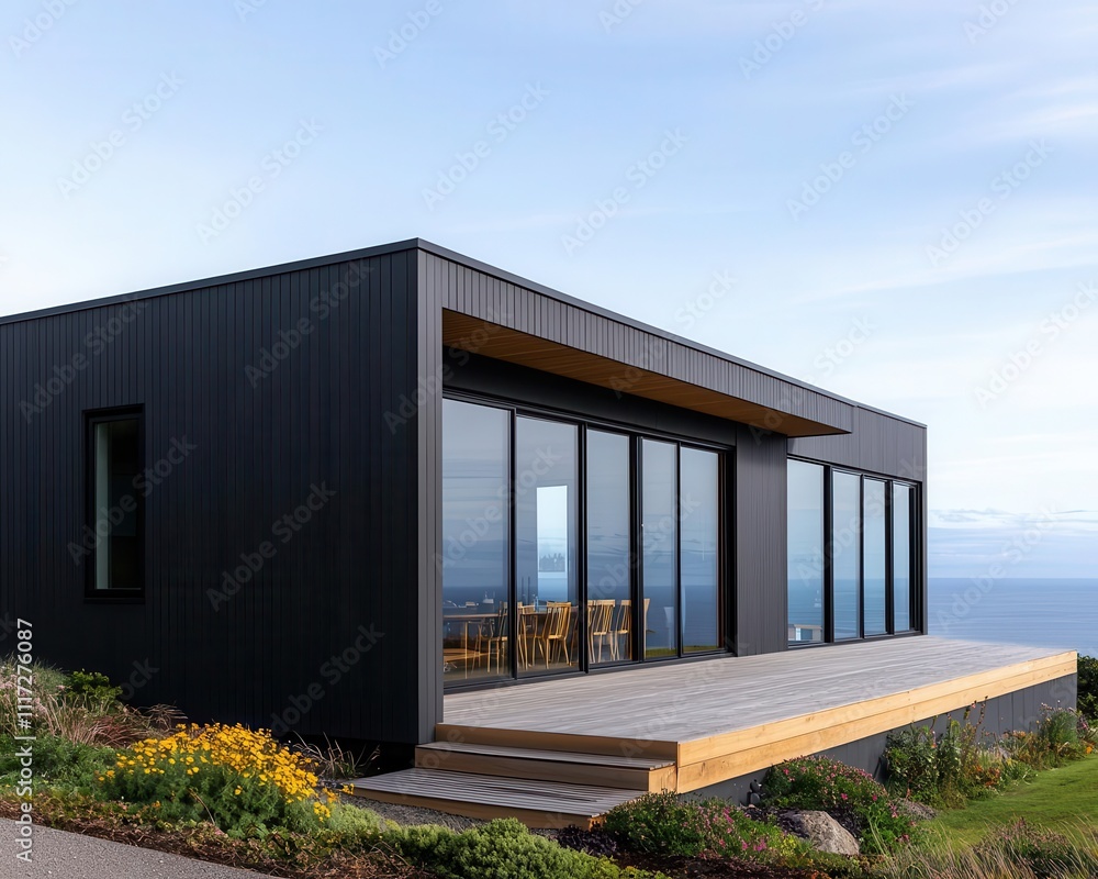 Fototapeta premium Container dining room exterior with large windows, matte black siding, and ocean view, minimalist design