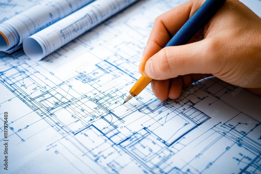 Hand draws on architectural blueprints. Illustrates the process of designing buildings, showing precision and detail. Hand draws on architectural blueprints. Illustrates the process of designing buildings, showing precision and detail.