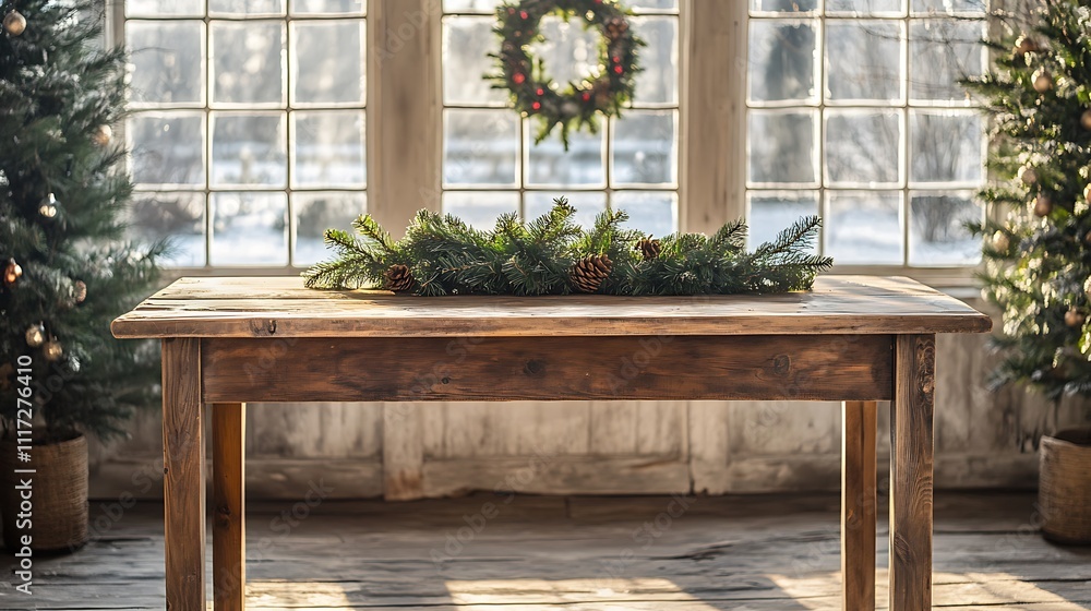 A rustic wooden table, set against a softly blurred background of snow-covered windows and festive holiday wreaths, illuminated by warm natural daylight, creating a serene winter ambiance --ar 16:9 A rustic wooden table, set against a softly blurred background of snow-covered windows and festive holiday wreaths, illuminated by warm natural daylight, creating a serene winter ambiance --ar 16:9