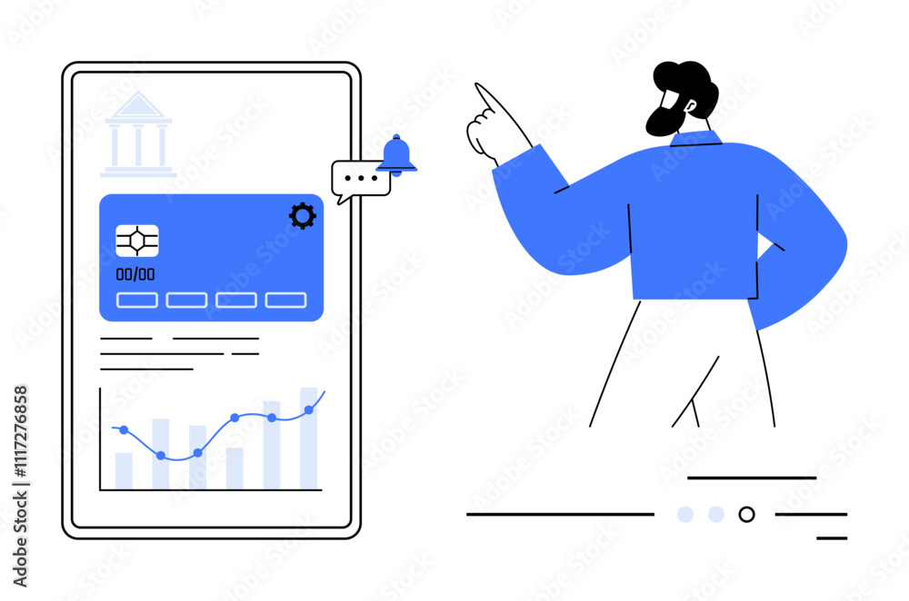 Man pointing at large tablet screen displaying online banking interface with credit card details, notifications, and financial data charts. Ideal for finance apps, online banking, financial Man pointing at large tablet screen displaying online banking interface with credit card details, notifications, and financial data charts. Ideal for finance apps, online banking, financial