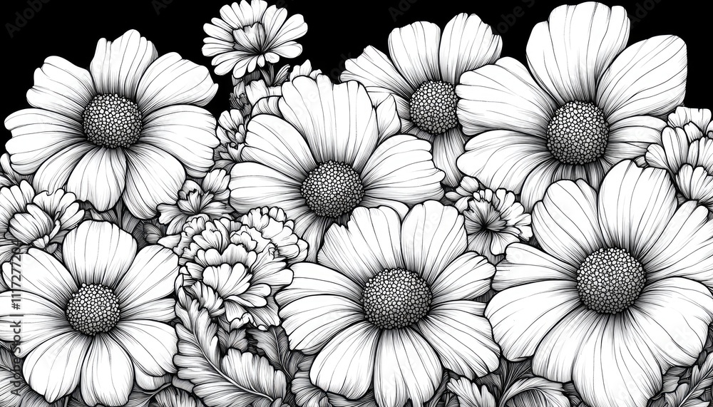 custom made wallpaper toronto digitalLine art of flowers in black and white. Perfect for creating a background, a card, or other creative design.