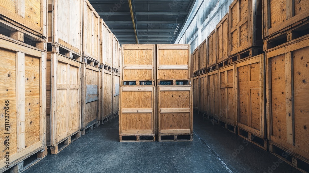 A neatly stacked set of wooden crates in a large warehouse ready for shipping. A neatly stacked set of wooden crates in a large warehouse ready for shipping.