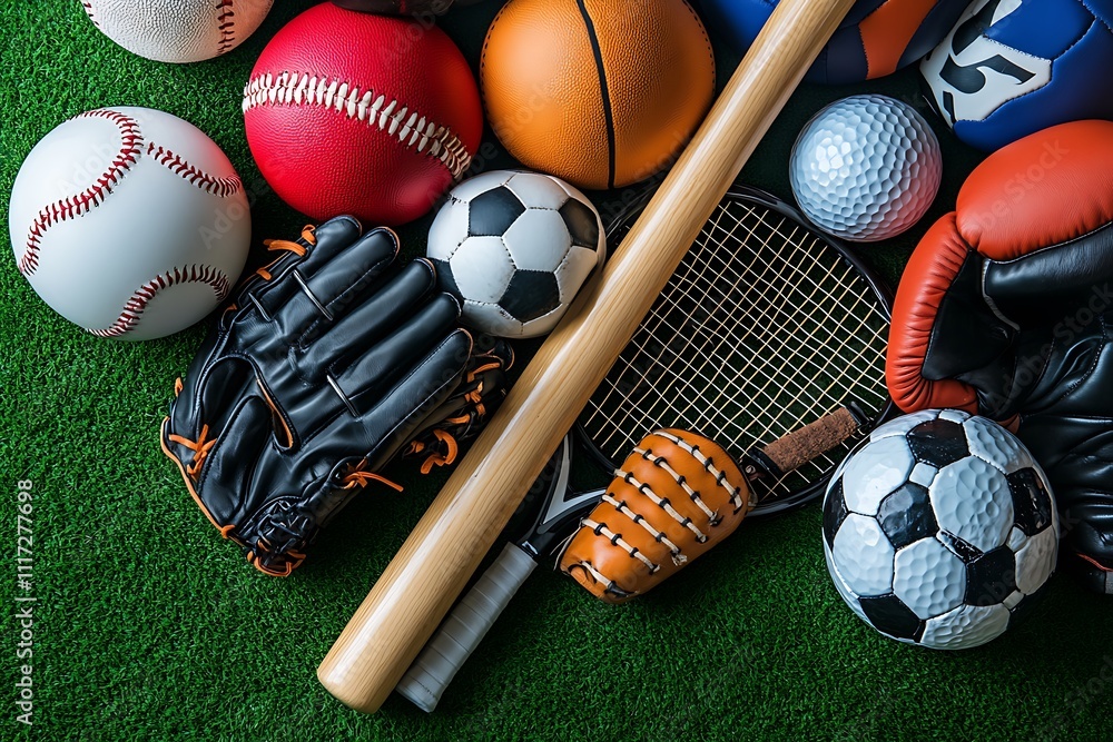 A group of sports equipment on black background including tennis, basketball, baseball, american fotball and soccer and boxing equipment on a black background with copy space A group of sports equipment on black background including tennis, basketball, baseball, american fotball and soccer and boxing equipment on a black background with copy space