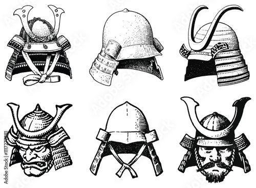 Detailed Illustrations of Six Japanese Samurai Helmets with Intricate Designs