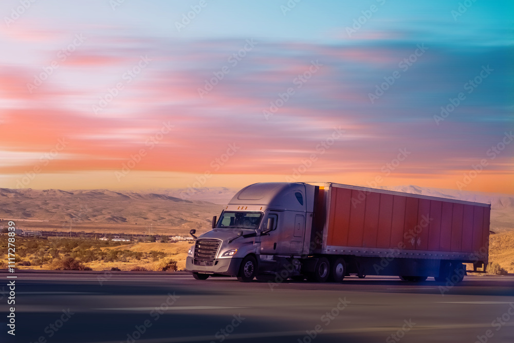 Truck with container on highway, cargo transportation concept in Arizona, USA Truck with container on highway, cargo transportation concept in Arizona, USA