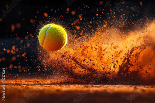 ennis ball hitting clay with dust explosion. Perfect for sports-themed designs, dynamic action shots, and tennis promotions. photo