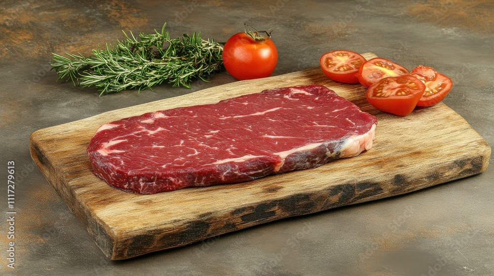 Fresh Raw Steak Cut on Wooden Board Surrounded by Sliced Tomatoes and Sprigs of Rosemary Ready for Cooking and Grilling in a Rustic Kitchen Setting Fresh Raw Steak Cut on Wooden Board Surrounded by Sliced Tomatoes and Sprigs of Rosemary Ready for Cooking and Grilling in a Rustic Kitchen Setting