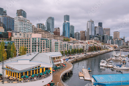 Panoramic view of the Seattle Waterfront along the Puget Sound with downtown district skyscrapers, the Pike Place Market district, and Great Wheel in view.