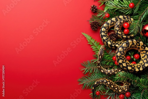 Snake symbol of 2025 year with Christmas tree branch in red festive background.