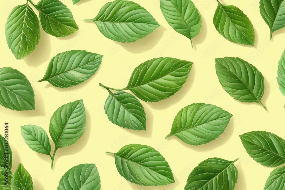 Fototapeta premium Fresh green leaves on yellow background. Perfect for nature, beauty, and healthy product designs.