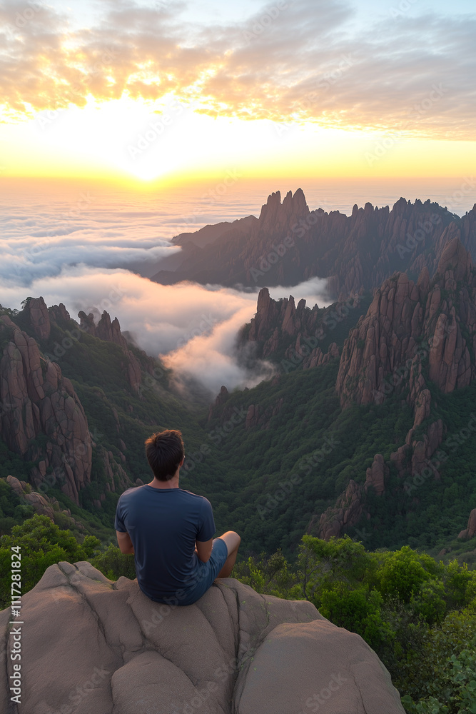 Fototapeta premium A man is sitting on a rock overlooking a mountain range. The sky is orange and the clouds are white. The man is looking out over the mountains, taking in the view