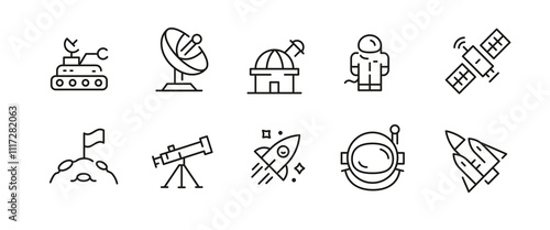 Astronautics icons. Set of 10 space trendy minimal icons. Example: Spaceman, spaceship, Planet, UFO, Telescope, Comet icon. Design signs for web page, mobile app, packaging design. Vector illustration