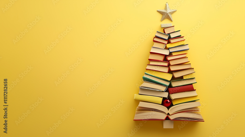 3D Christmas tree made of books on a yellow background, 3D Christmas tree made of books on a yellow background,