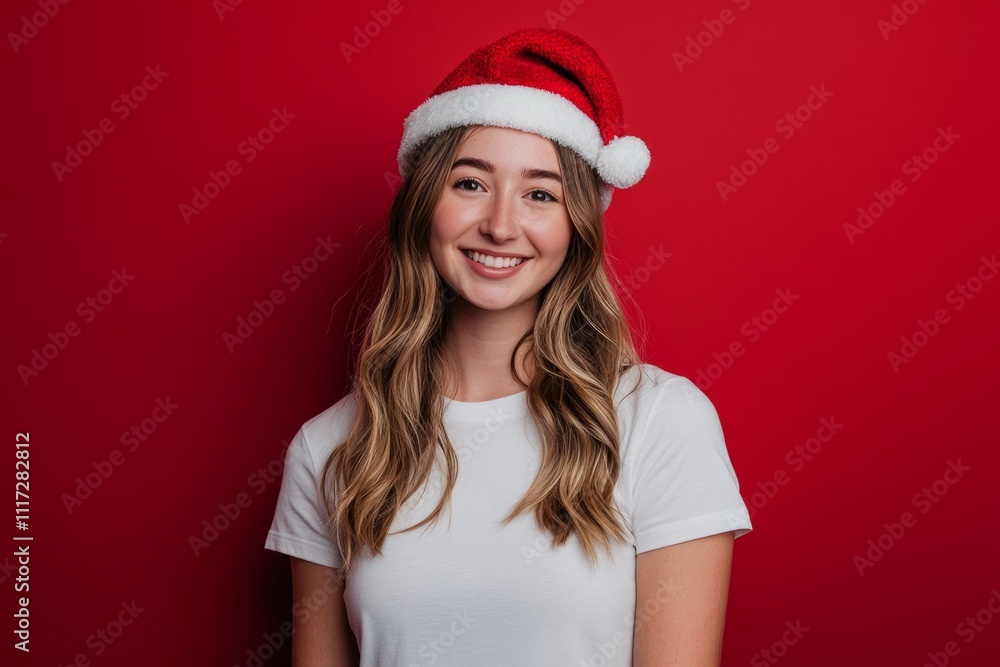 Portrait of a beautiful young woman in a white t-shirt and Christmas hat on a red background Portrait of a beautiful young woman in a white t-shirt and Christmas hat on a red background