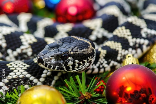 Snake a symbol of 2025 year with Christmas tree toy ball