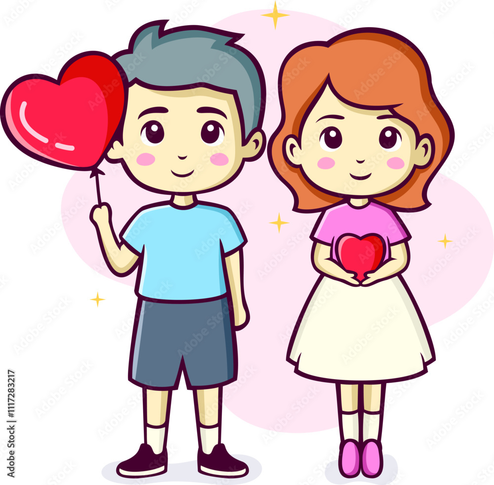 Cute Happy Little Couple Cartoon Illustration Cute Happy Little Couple Cartoon Illustration