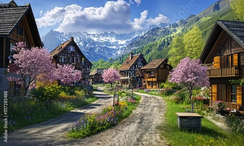 Wallpaper Mural A picturesque village with blooming flowers and mountains in the background. Torontodigital.ca