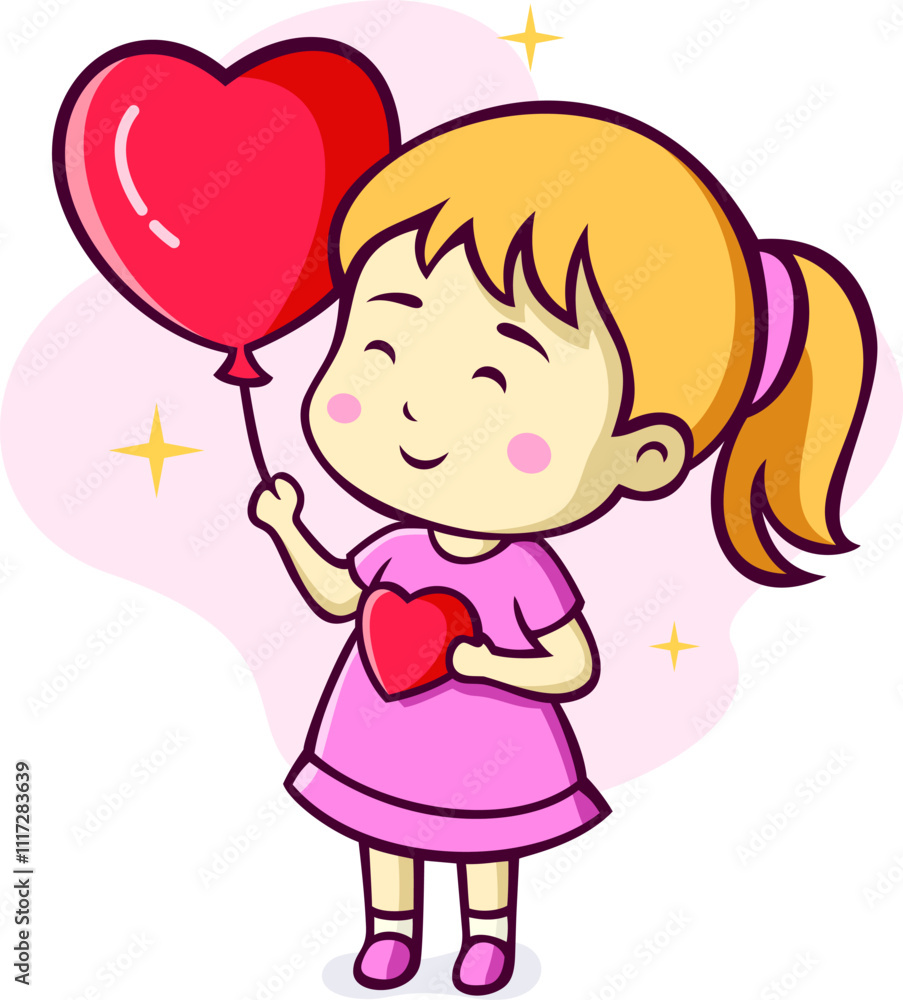 Cute Liitle Girl Holding Balloon Cartoon Illustration Cute Liitle Girl Holding Balloon Cartoon Illustration