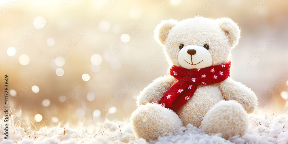 Teddy Bear with Red Scarf in a Snowy Winter Setting Teddy Bear with Red Scarf in a Snowy Winter Setting