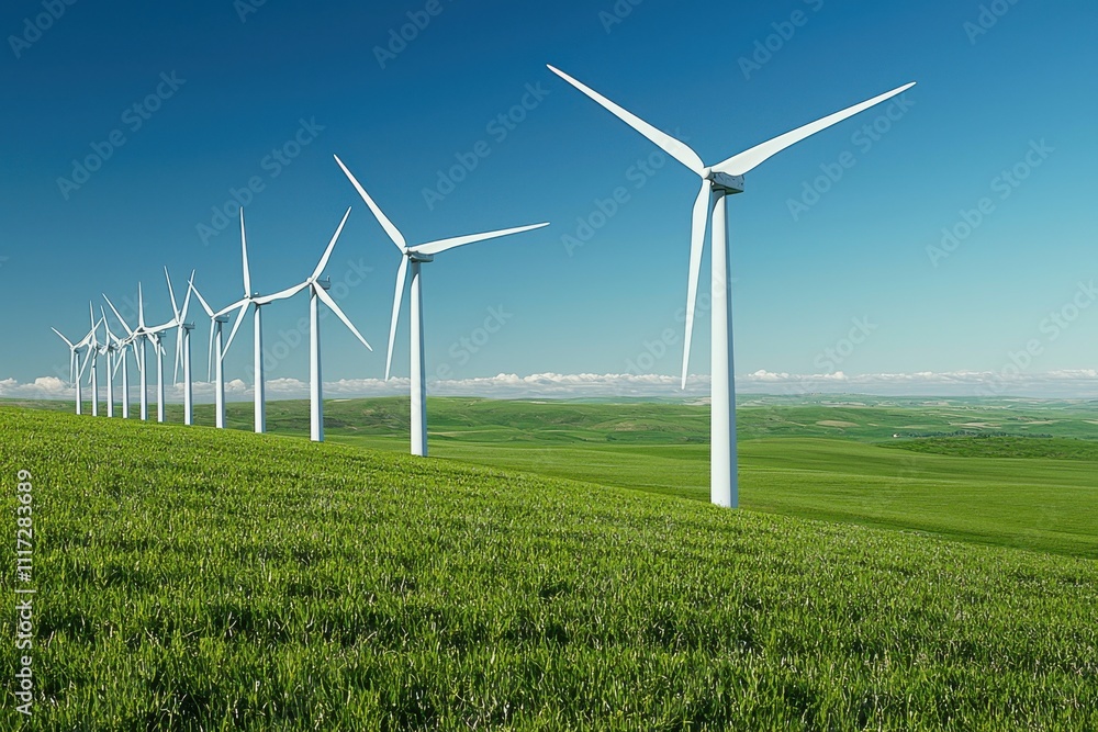 Wind turbines generating clean energy on green field. Wind turbines generating clean energy on green field.