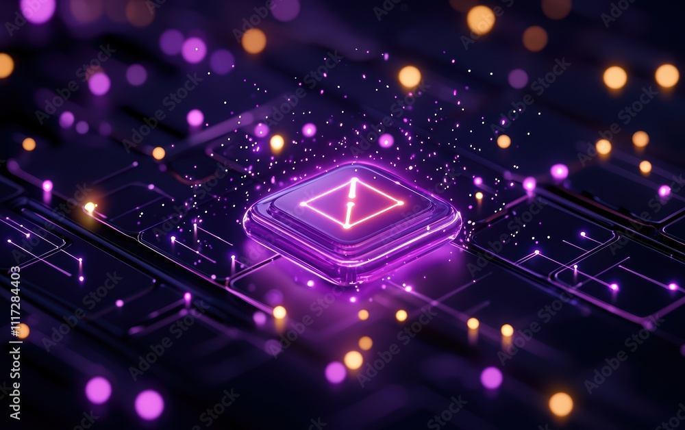 A glowing purple play button surrounded by sparkling lights on a circuit board background, representing technology and digital interaction. A glowing purple play button surrounded by sparkling lights on a circuit board background, representing technology and digital interaction.