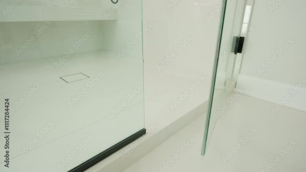 Elements of Modern Shower cabin at home. Open glass door Elements of Modern Shower cabin at home. Open glass door