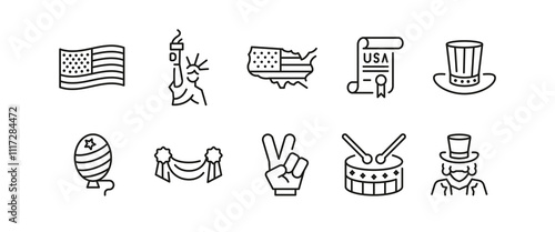 American Independence day icons. Set of 10 American-themed trendy minimal icons. Hotdog, Golden Gate Bridge, Texas, Eagle . Design signs for web page, mobile app, packaging design. Vector illustration