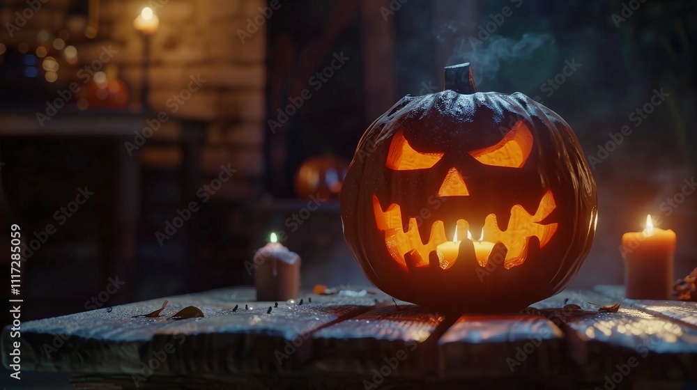 A carved pumpkin with a glowing face, sitting on a wooden table against a dark background, with subtle flickering candlelight illuminating the scene. A carved pumpkin with a glowing face, sitting on a wooden table against a dark background, with subtle flickering candlelight illuminating the scene.