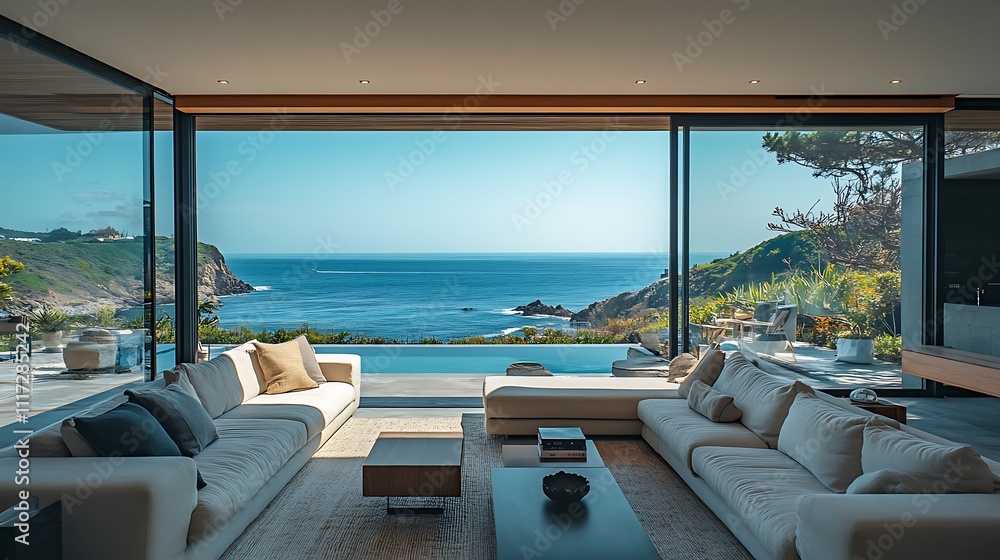 Oceanfront house interior bright coastal living room design Oceanfront house interior bright coastal living room design