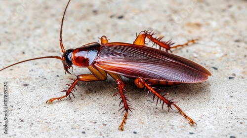 Close-Up View of a Brown Cockroach on Concrete Surface, Highlighting Intricate Details of Insect's Body, Antennae, and Texture, Ideal for Educational and Scientific Use