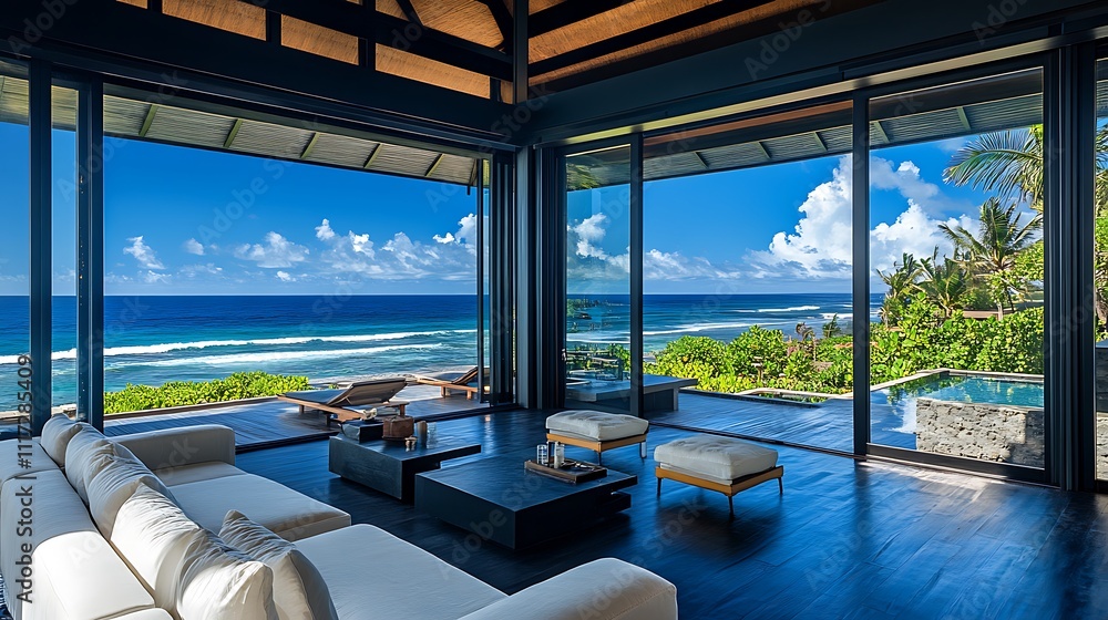 Fototapeta premium Ocean view luxury living room coastal retreat interior design modern