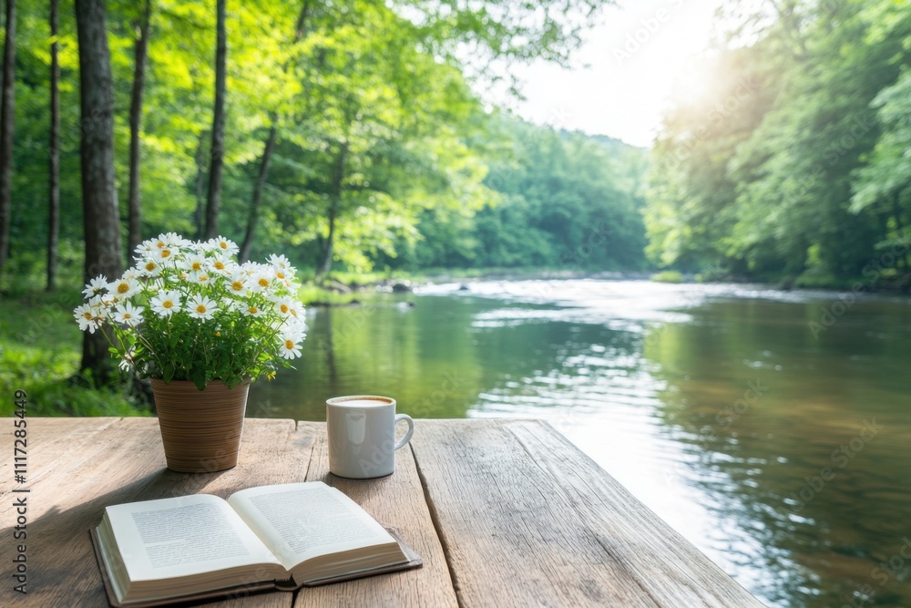 Fototapeta premium Serene morning at rustic cabin deck riverbank retreat cozy nature scene inviting atmosphere peaceful viewpoint