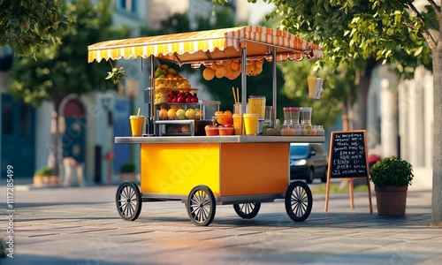 A vibrant fruit cart offering fresh juices and fruits in a sunny outdoor setting.