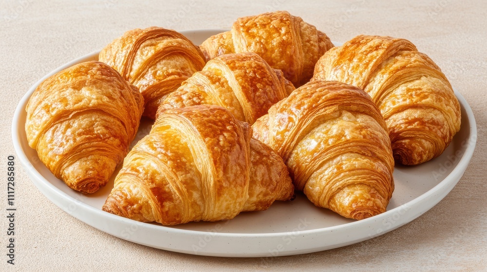 Freshly Baked Flaky Croissants on a White Plate Perfect for Breakfast or Brunch, Ideal for Bakeries, Cafes, and Culinary Photography Projects Including Food Styling Freshly Baked Flaky Croissants on a White Plate Perfect for Breakfast or Brunch, Ideal for Bakeries, Cafes, and Culinary Photography Projects Including Food Styling