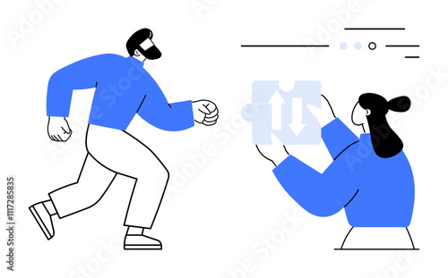 Two characters, one running and the other holding a puzzle piece with arrows, representing collaboration, strategy, and teamwork. Ideal for business planning, project management, team dynamics