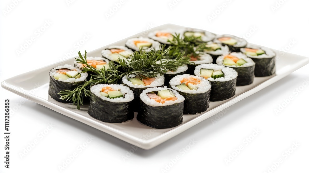 A neatly arranged plate of fresh sushi rolls
A neatly arranged plate of fresh sushi rolls