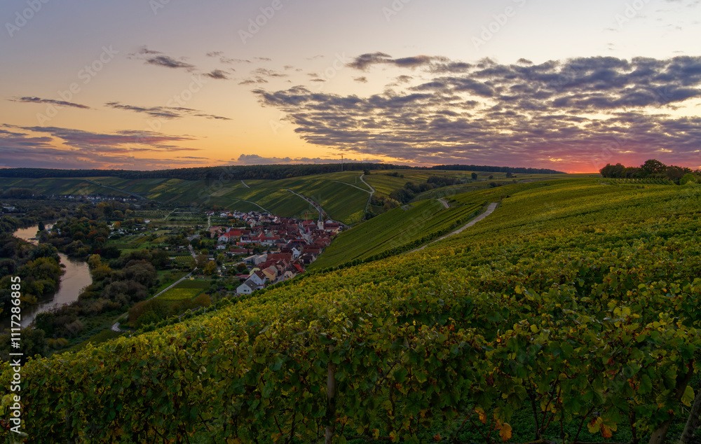 Naklejka premium Sonnenuntergang über den Weinbergen an der Vogelsburg und der Volkacher Mainschleife mit den Weinorten Escherndorf und Nordheim am Main, Landkreis Kitzingen, Unterfanken, Bayern, Deutschland