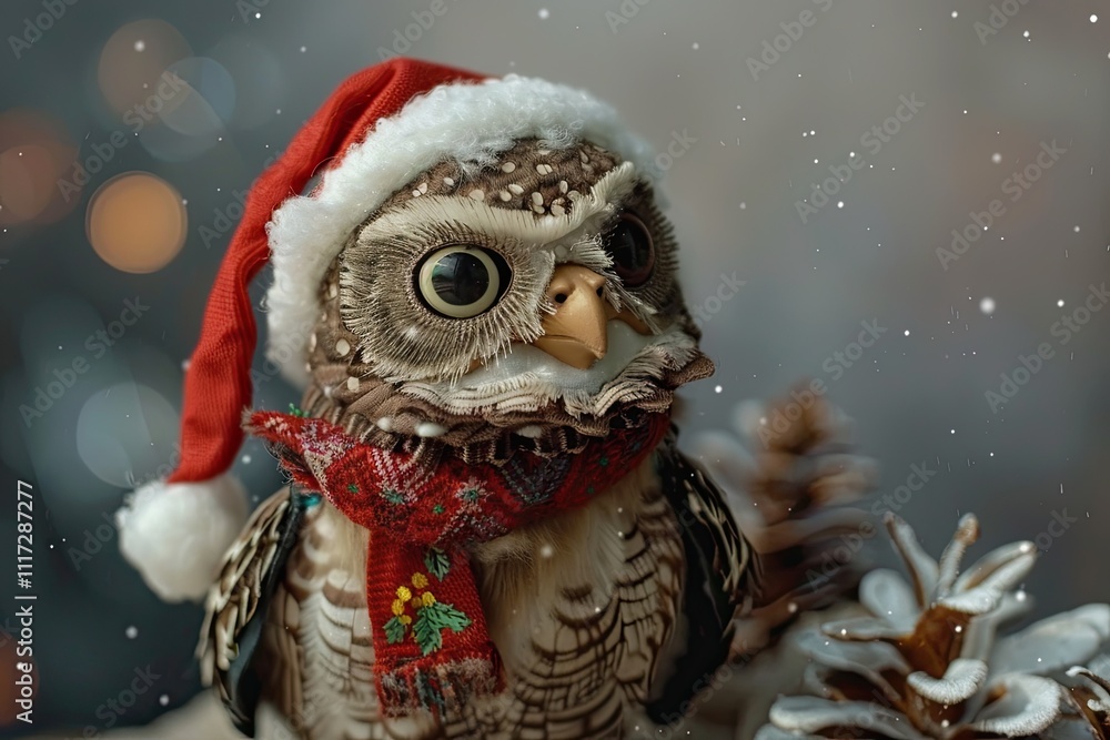 Christmas owl toy with winter scarf and santa hat , winter season atmosphere , home decoration Christmas owl toy with winter scarf and santa hat , winter season atmosphere , home decoration
