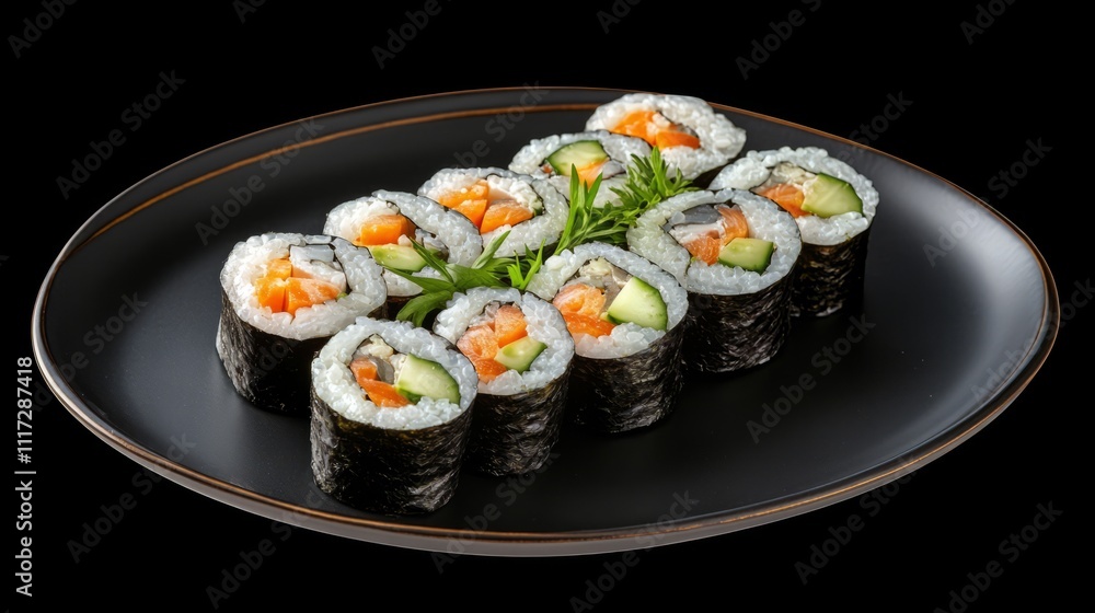 A neatly arranged plate of fresh sushi rolls
A neatly arranged plate of fresh sushi rolls